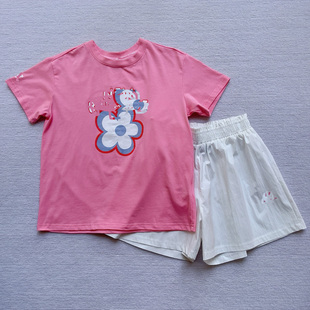 150码特价 女童花朵字母印花圆领弹力棉短袖T恤速干裙裤2件套装