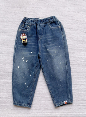 清仓了 潮牌男童蓝色洗水磨白一体绒保暖牛仔裤萝卜裤