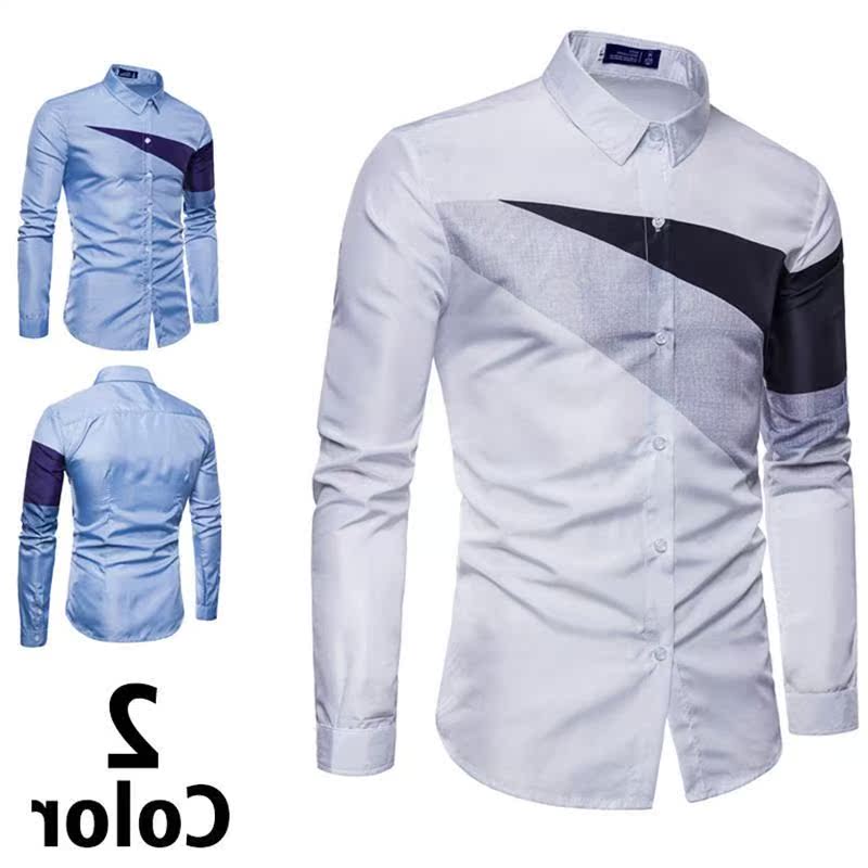 欧码 春夏装男士三角印花长袖衬衫韩版休闲Shirt men's thin coat