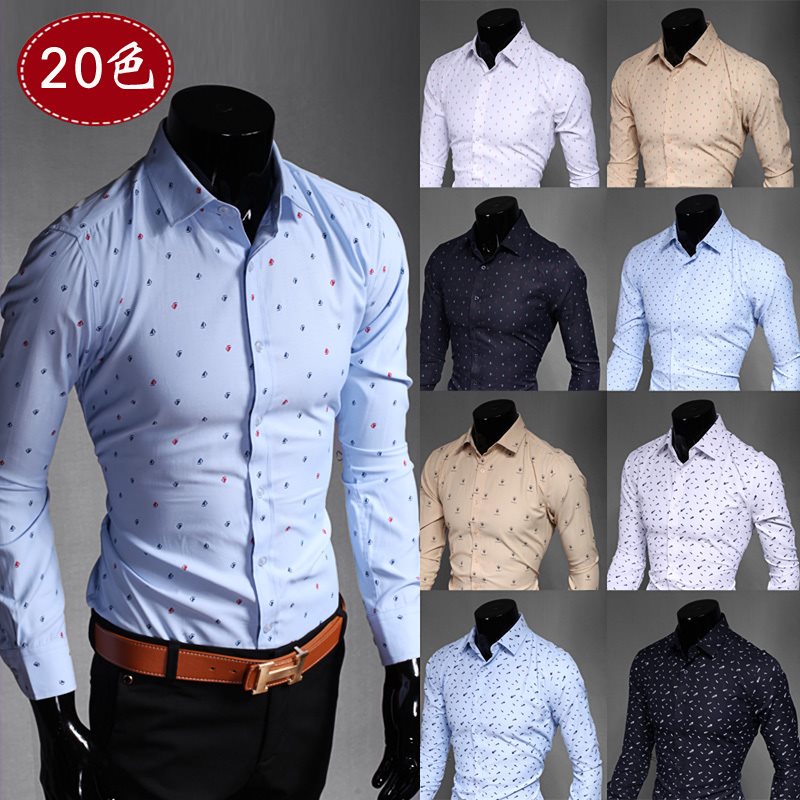 春秋季上衣装韩版男士衬衣修身印花长袖衬衫20色man casual shirt