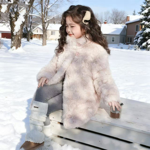 女童冬季新款羊羔毛皮毛一体外套加绒仿皮草中长款韩版毛绒大衣潮