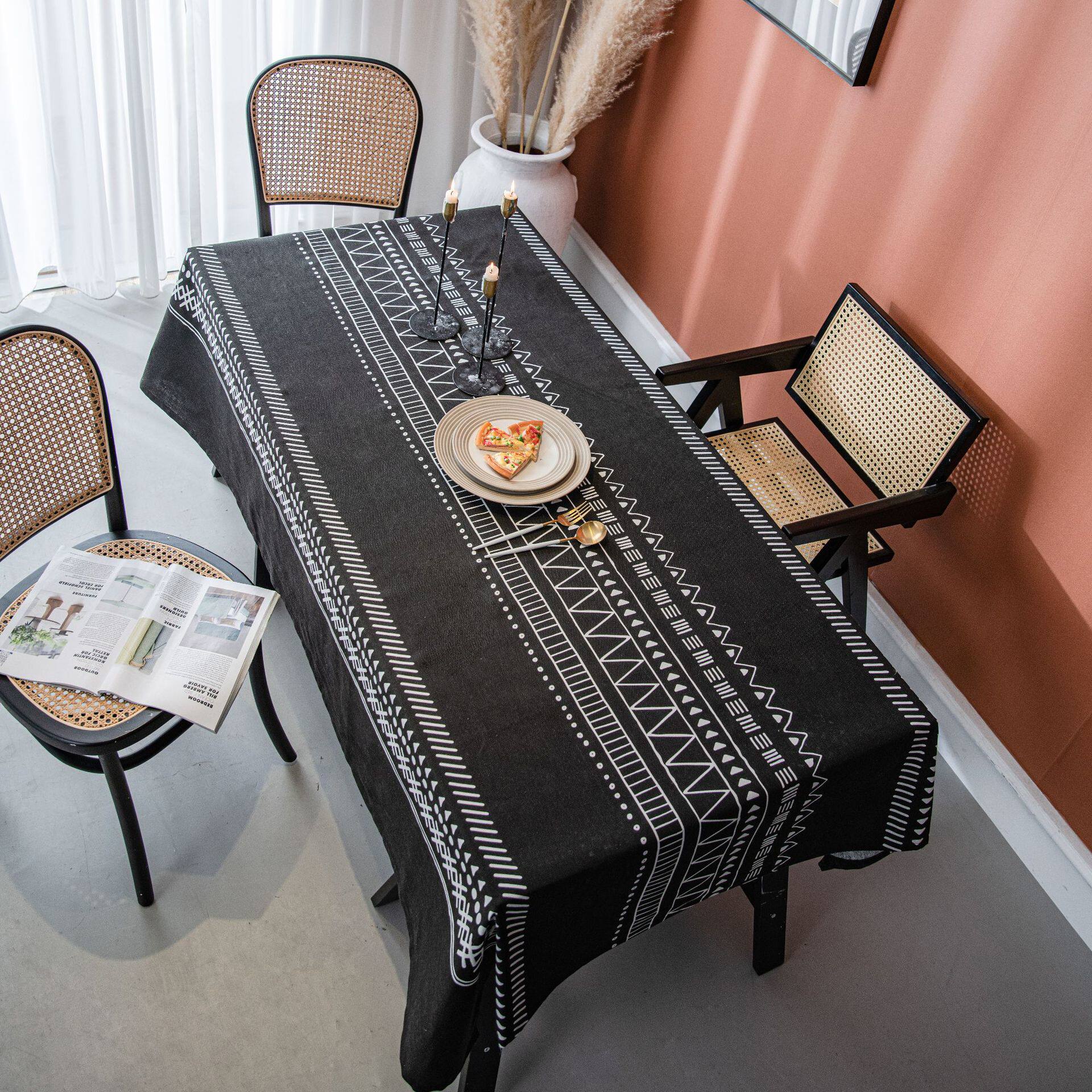 桌布棉麻网红民族风波西米亚黑白印花餐厅布艺DD79