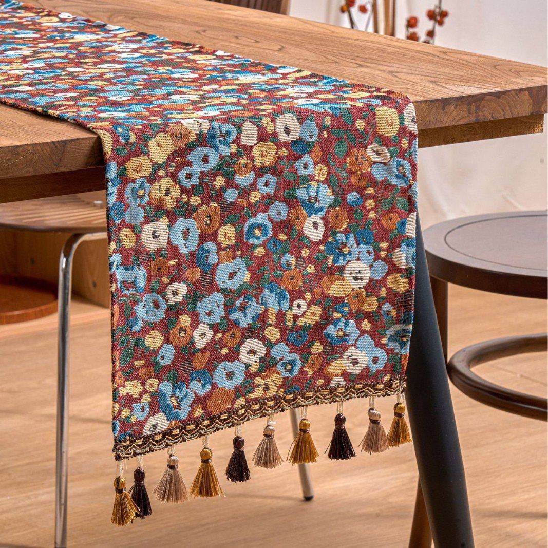 桌旗法式田园风提花粉色花卉流苏茶旗长条装饰电视柜盖布DD45