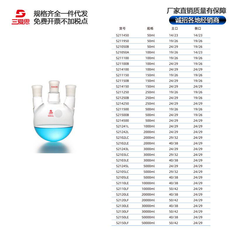 直三口烧瓶厚壁圆底反应瓶50-20000ML实验室玻璃仪器皿蒸馏S75