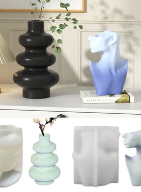 手工模欧式3D立体半身人体花瓶石膏硅胶模具抽象人脸花盆模具S64