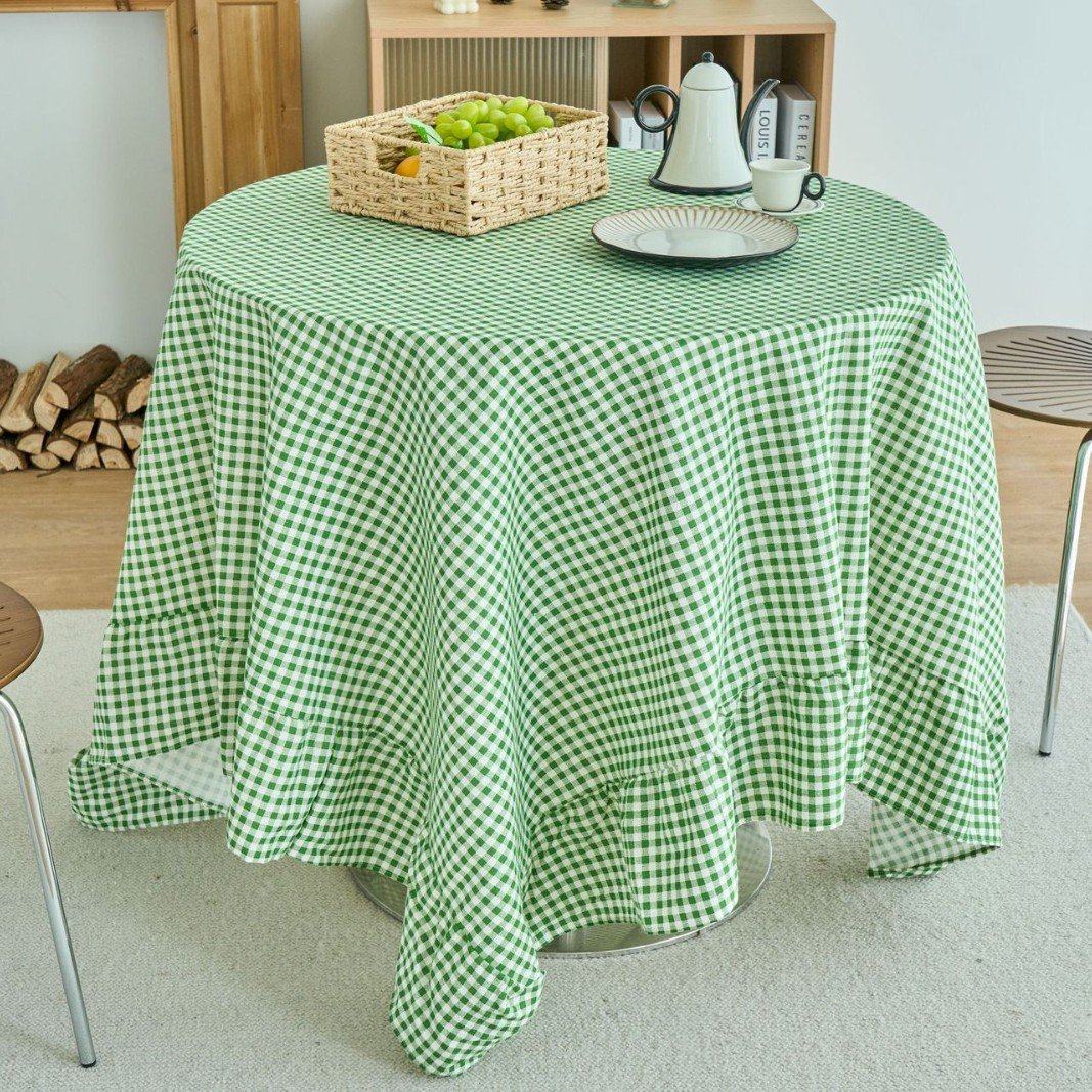 桌布民族风红色格子印花圆形荷叶边氛围感餐桌客厅布艺DD75
