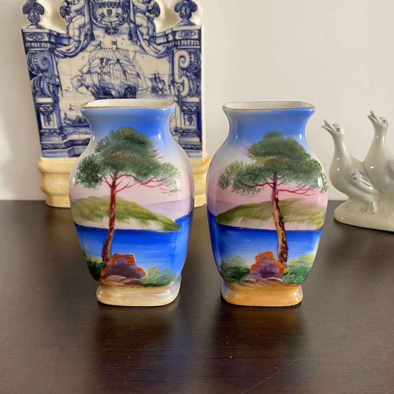 则武 Noritake 古董风景收藏花瓶 对瓶 日本手绘老瓷器 摆件瓷瓶