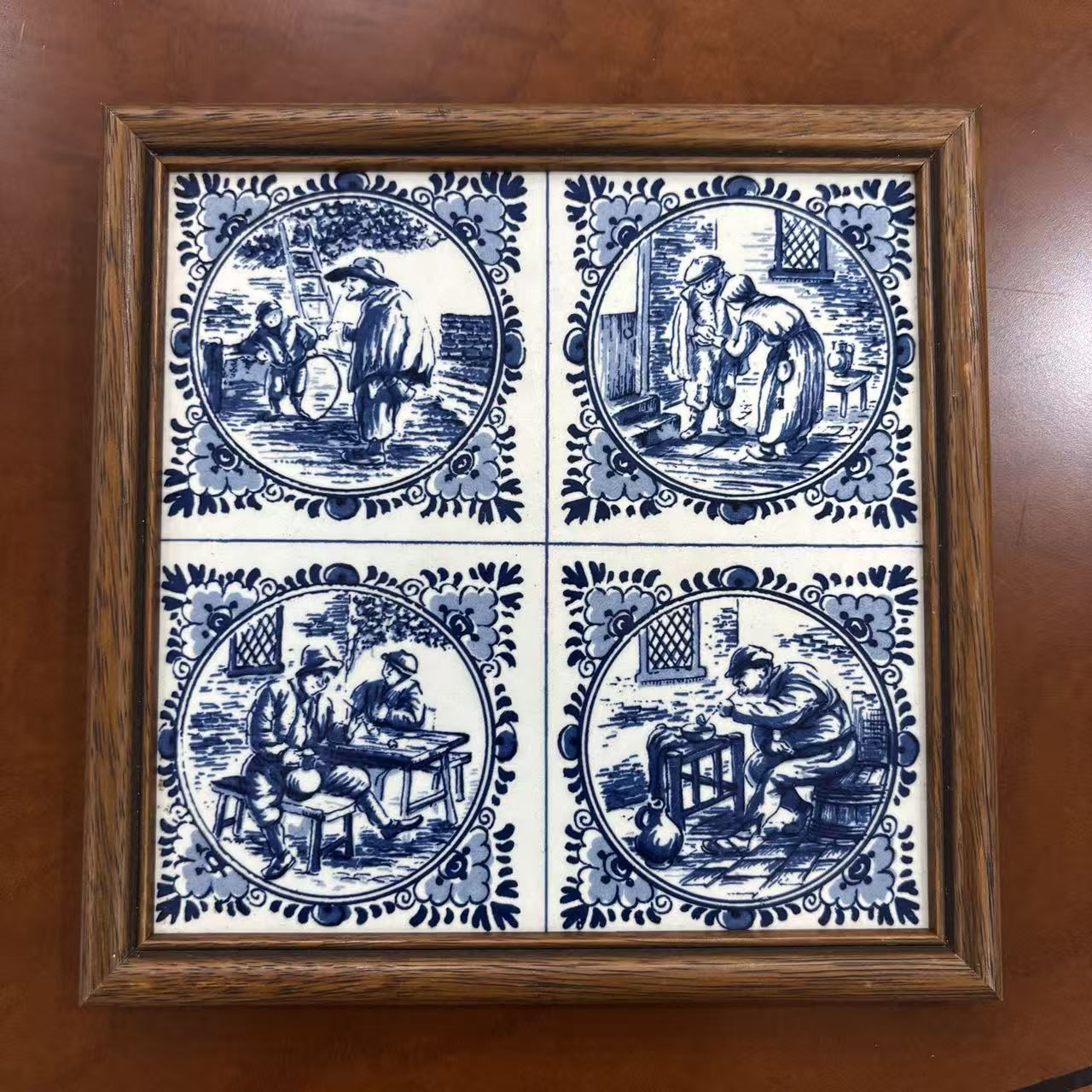 BRENTFORD 布伦特福德 英国中古摆件收藏 实木框青花人物瓷板挂画