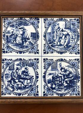 BRENTFORD 布伦特福德 英国中古摆件收藏 实木框青花人物瓷板挂画