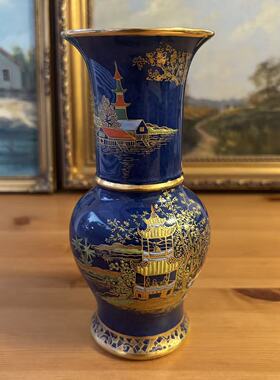 Carlton Ware 卡尔顿 英国古董收藏 稀有撒蓝鎏金手绘风景瓷花瓶