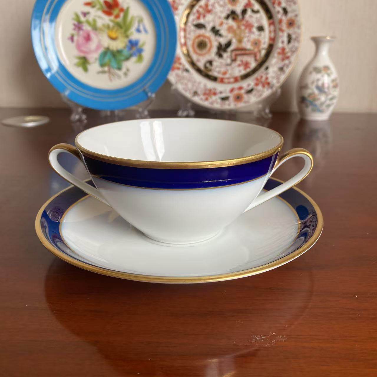 Hutschenreuther 狮牌 双耳钴蓝鎏金收藏茶杯摆件 中古装饰咖啡杯