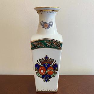 欧洲回流 手绘珐琅彩徽章圆口方花瓶 描金花卉中古瓷瓶 摆件瓷器
