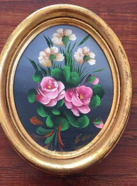 欧洲油画摆件 手绘花卉木板油画 中古收藏椭圆金色画框 玄关油画