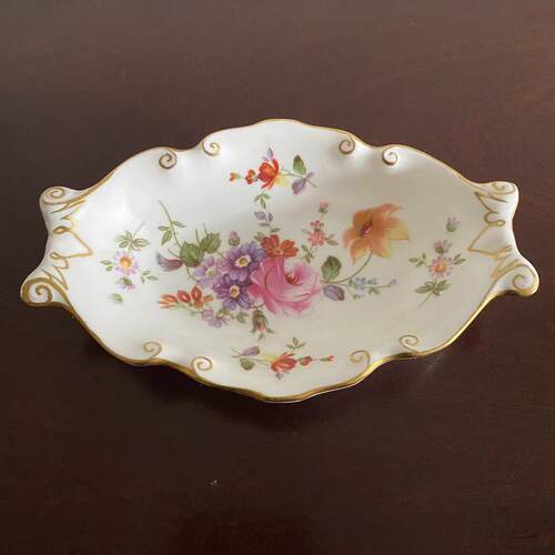 Royal Crown Derby 皇家皇冠德比 花束双耳描金椭圆碟 首饰碟瓷盘
