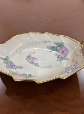 Victoria 欧洲捷克老瓷盘 鎏金手绘花卉盘叶形装饰碟 点心碟 特价