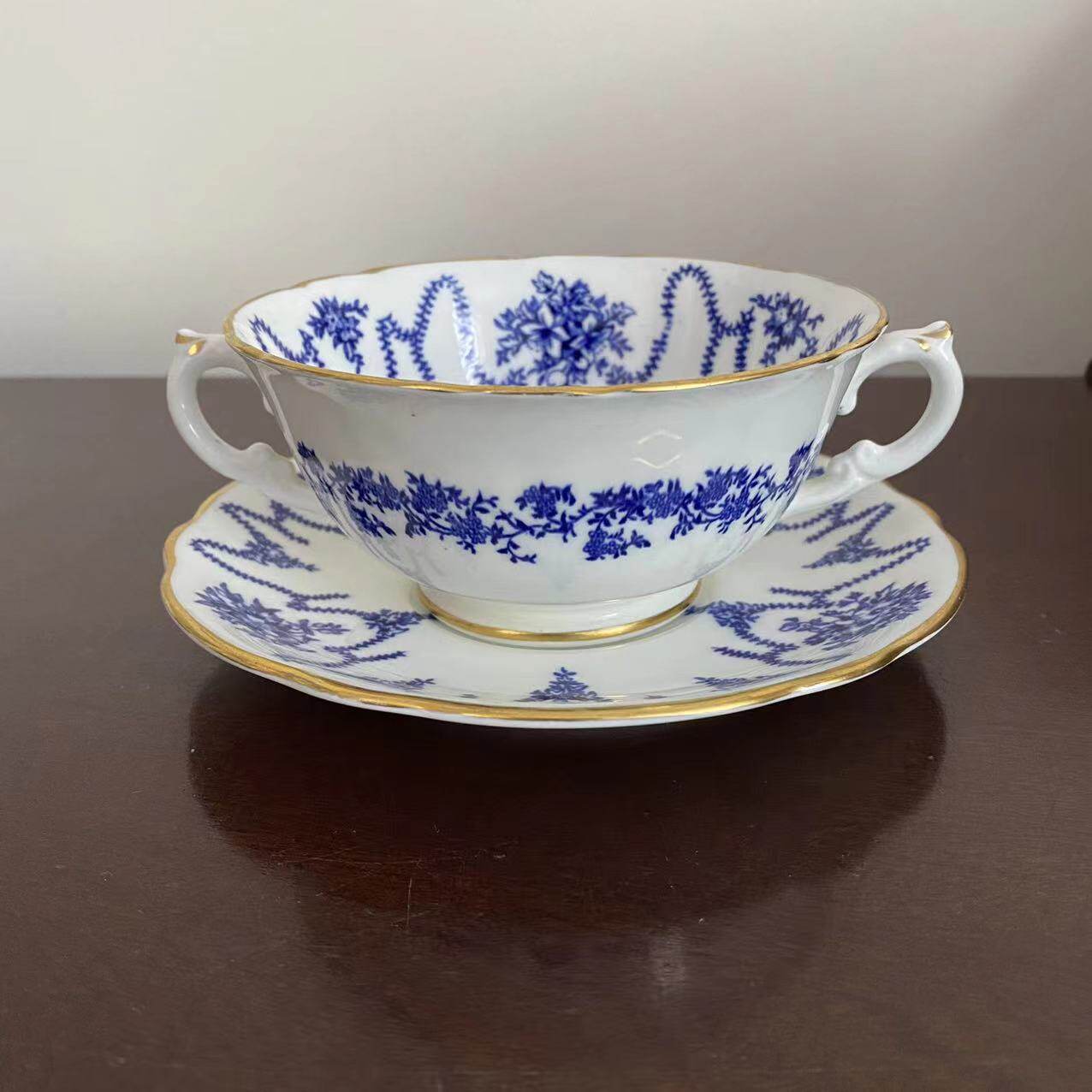 COALPORT 科尔波特 20年代古董双耳青花描金双耳杯 百年汤碗 瓷碗
