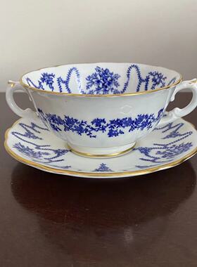 COALPORT 科尔波特 20年代古董双耳青花描金双耳杯 百年汤碗 瓷碗