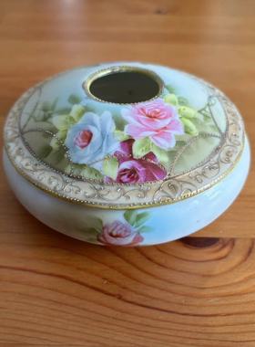 欧洲回流 日本中古手绘花卉香薰盒 老瓷器收藏摆件瓷罐 盖盒