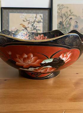 欧洲回流 景德镇创汇老瓷器手绘描金荷花四瓣花开窗大碗 手工果盆