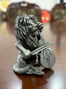 Vintage 美国中古锡摆件 hudson pewter 狮子拉琴卡通造型镇纸