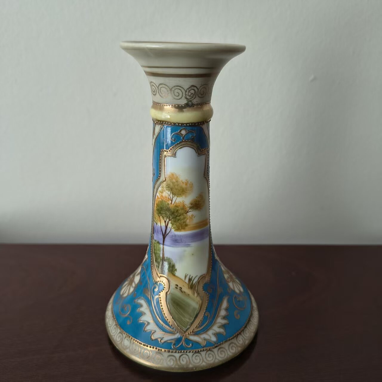 则武 Noritake 百年古董手绘风景描金纹饰烛台摆件 收藏装饰瓷器