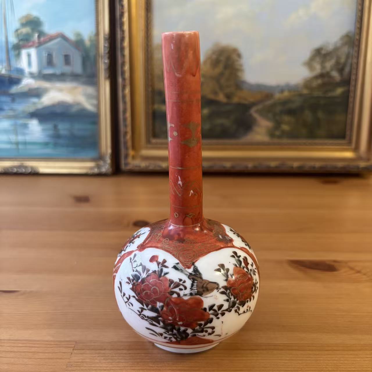 日本九谷烧 赤绘金彩任务花卉天球瓶 手绘花鸟装饰老瓷器插花瓶