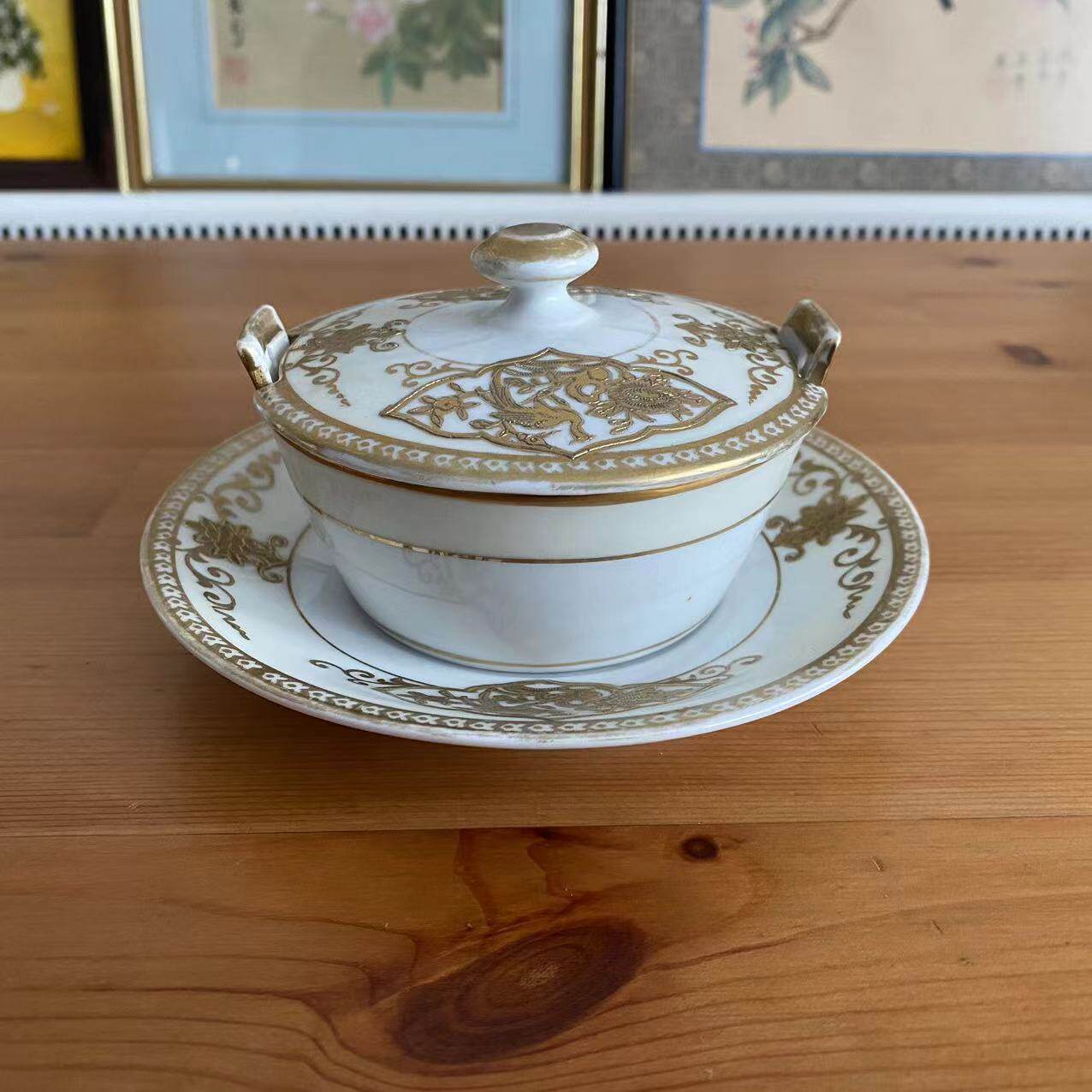 Noritake 日本百年手绘瓷器嵌丝描金花鸟盖碗配瓷盘 则武古董汤盅