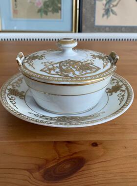 Noritake 日本百年手绘瓷器嵌丝描金花鸟盖碗配瓷盘 则武古董汤盅