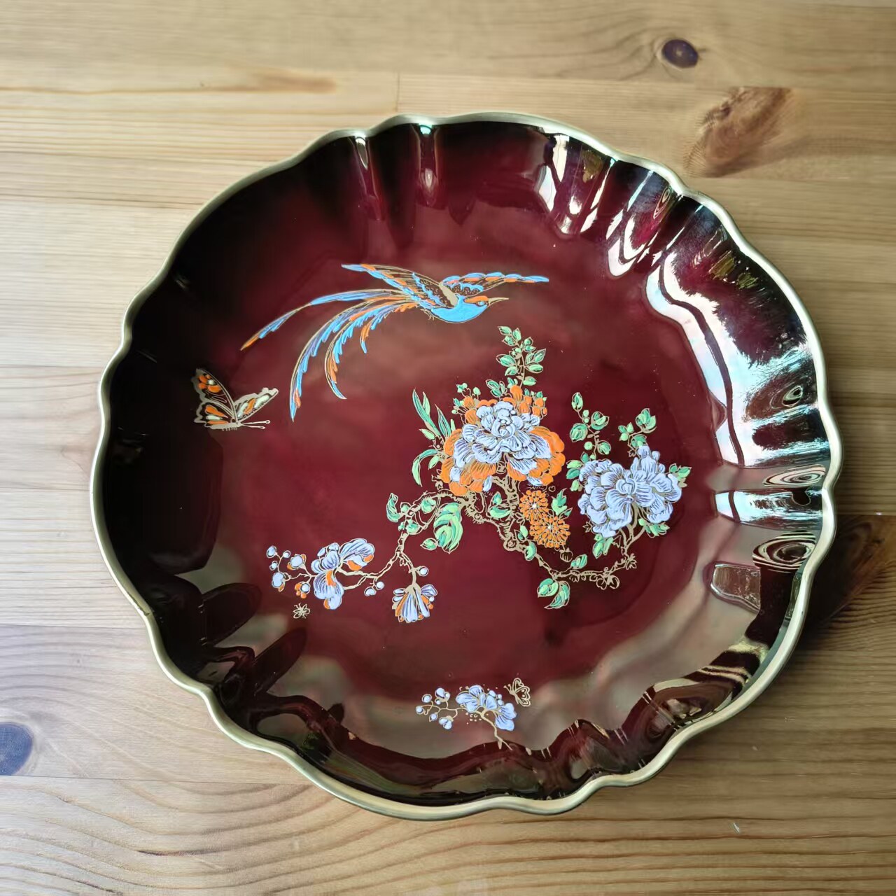 Carlton Ware 卡尔顿 英国早期手绘珐琅彩花鸟昆虫瓷盘 赏盘摆件
