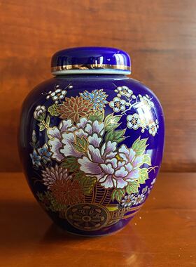 日本 手绘花卉钴蓝花瓶 蓝瓷釉上彩咖啡罐 欧洲回流收藏盖罐 茶罐