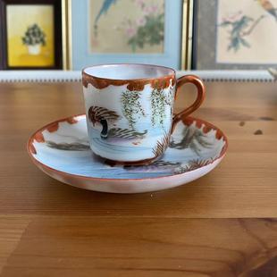 日本明治时期 九谷瓷织田制手绘鸳鸯收藏茶杯 孤品摆件古董咖啡杯