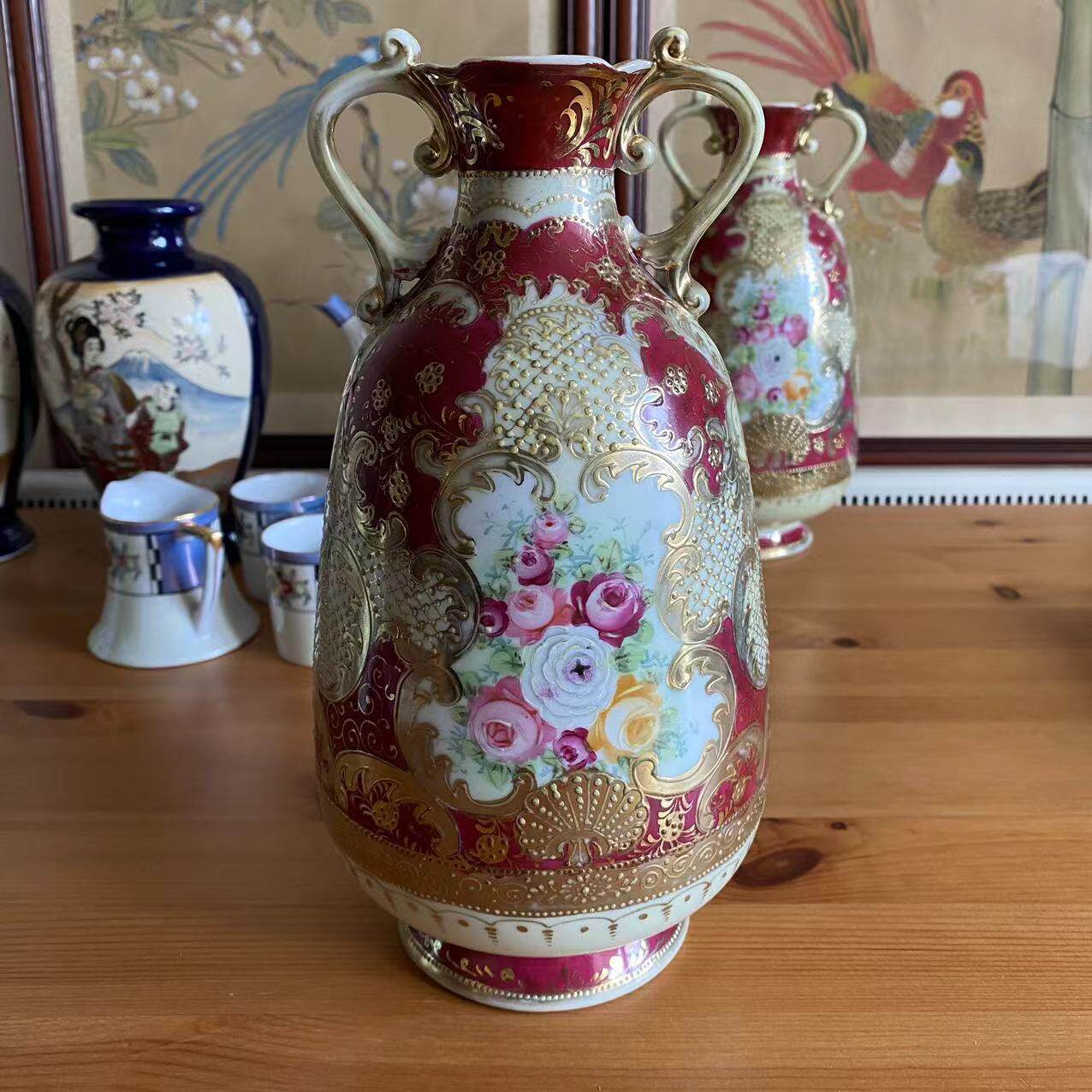 则武 Noritake 日本早期老标手绘花卉重彩鎏金双耳古董摆件大花瓶