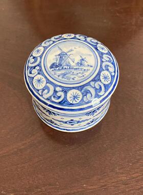 Delft 代尔夫特 荷兰手绘青花瓷首饰盒 欧洲中古盖盒装饰摆件瓷罐