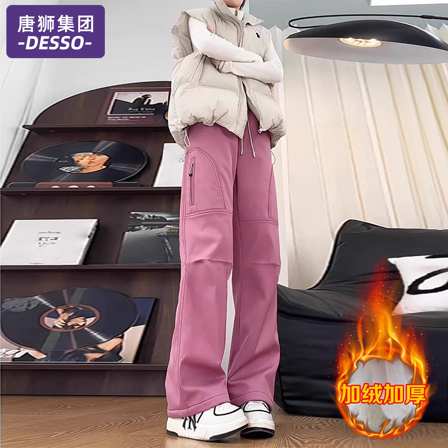 唐狮集团美式加绒冲锋裤女款秋冬季户外情侣滑雪裤子设计感工装裤