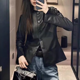 欧洲站小个子皮衣外套圆领真皮女装 绵羊皮夹克显瘦单排扣长袖 修身