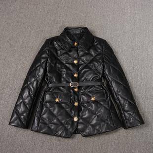 收腰带外套 翻领单排扣皮衣女中长款 气质新款 真皮绵羊皮菱格纹时尚