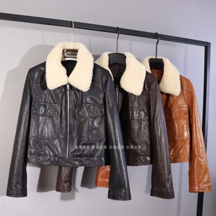 真皮新款羊毛领皮衣女绵羊皮冬季时尚百搭加棉皮夹克宽松显瘦外套