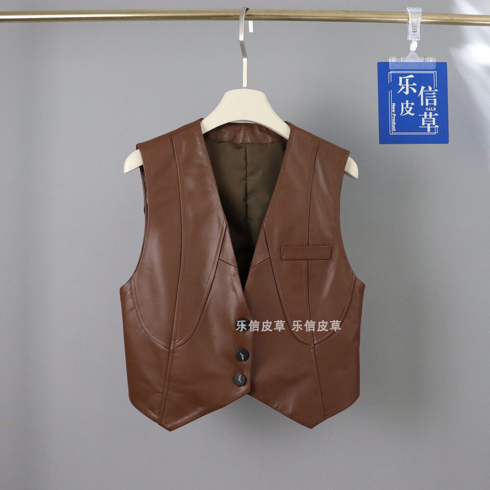 新款真皮马甲女绵羊皮修身显瘦单排扣百搭爆短款外搭无袖外套潮流