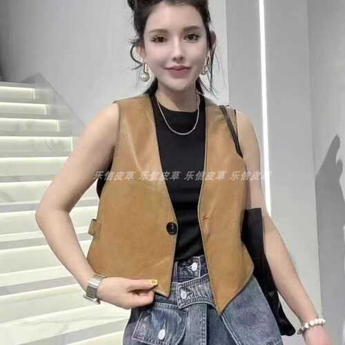 无袖坎肩上衣V领真皮马甲外套