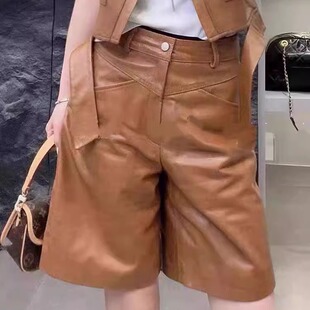 新款真皮皮裤女款绵羊皮百搭显瘦高腰气质五分裤时尚A字阔腿靴裤