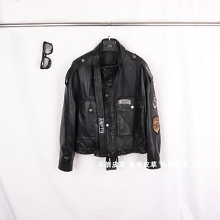 绵羊皮欧货真皮立领短款工装外套女秋重工刺绣韩版宽松大码夹克潮