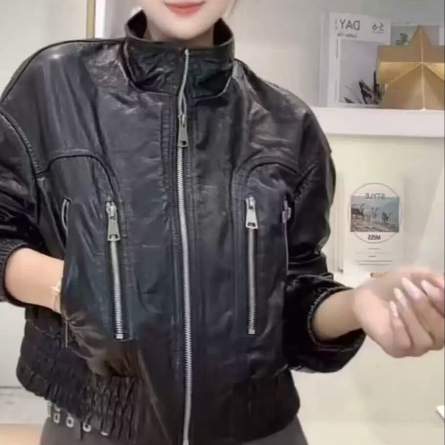 酷飒机车风真皮短款立领皮衣女