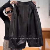 新款 真皮皮裤 女绵羊皮百搭气质休闲松紧腰显瘦长裤 时尚 阔腿八分裤