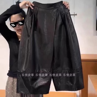 阔腿八分裤 时尚 女绵羊皮百搭气质休闲松紧腰显瘦长裤 真皮皮裤 新款