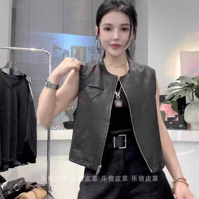 新款真皮皮衣女绵羊皮时尚百搭显瘦气质拉链款圆领无袖马甲外套