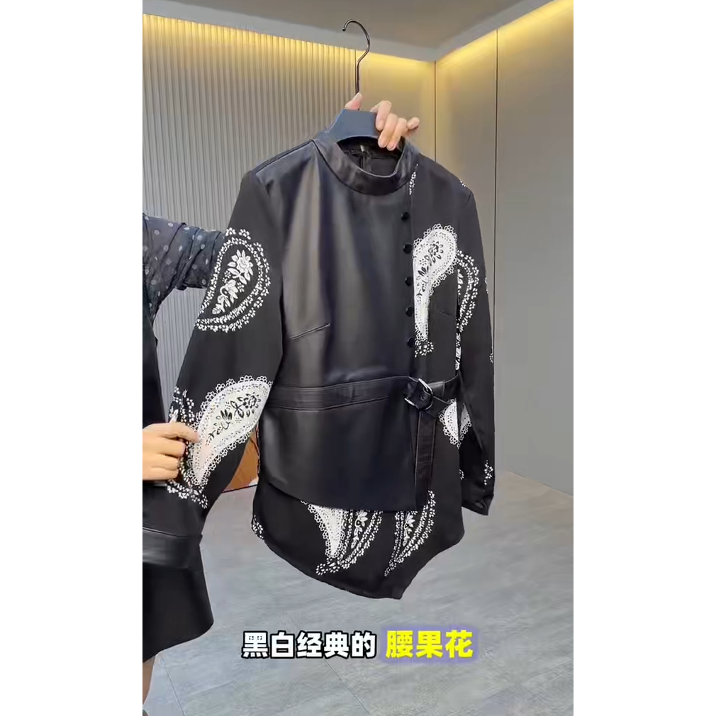 时尚腰果花纹绵羊皮拼接衬衫皮衣女短款立领系带收腰小众皮夹克