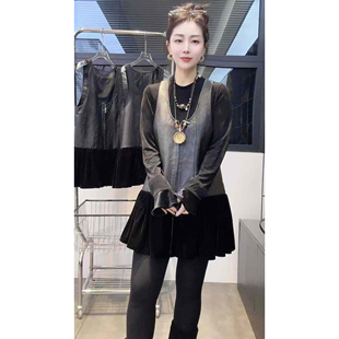 春季新款真皮女丝绒拼接绵羊皮无袖马甲连衣裙时尚显瘦优雅吊带裙