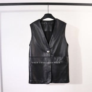 新款真皮一粒扣马甲女款中长款V领无袖皮衣宽松显瘦气质百搭外套