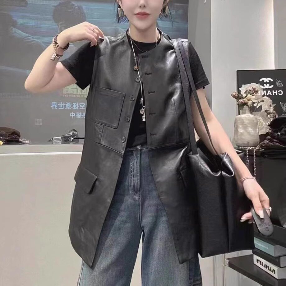 修身显瘦2024秋简约绵羊皮马甲真皮皮衣单排扣女坎肩马夹外套女装