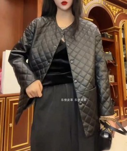 绵羊皮新款圆领女士皮衣绵羊皮加棉加厚中长款小香风菱形格外套
